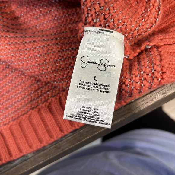 Jessica Simpson Womens Sweater Large 3/4 Sleeve Cold Shoulder Chunky Knit Orange - Picture 3 of 10